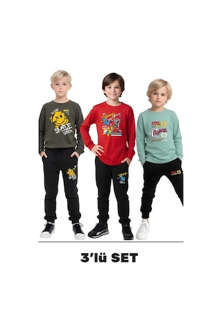Fyk Kids 3'lü Erkek Çocuk Baskılı Yuvarlak Yaka Alt-üst Pijama Takımı Haki Yeşil