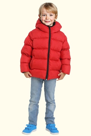 Erkek Çocuk Polarlı Kapüşonlu Su Geçirmez Rüzgara Dayanıklı Şişme Kışlık Mont Kırmızı