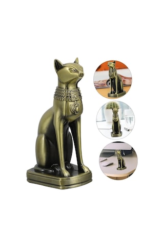 Antik Mısır Kedi Heykeli Bastet Metal Dekoratif Hediyelik Biblo 8x15cm