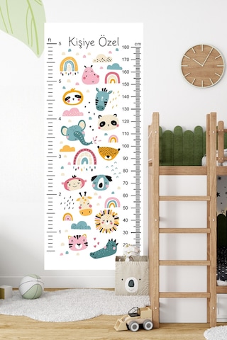 Kişiye Özel Hayvanlar Temalı Dekoratif Çocuk Boy Ölçer Sticker Duvar Cetveli Takip Çizelgesi Beyaz