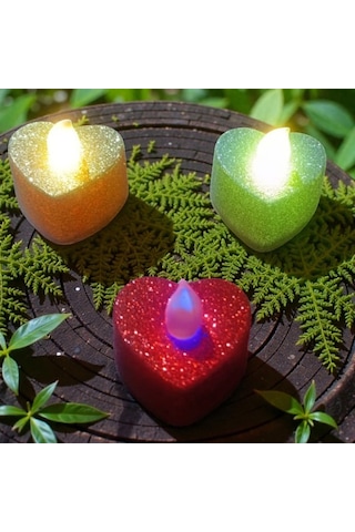 Vıp Özel Tasarım 24 Adet Simli Kalpli Renkli Led Işıklı Mum Gold Gümüş Kırmızı Kalpli Tea Light Mum Renkli