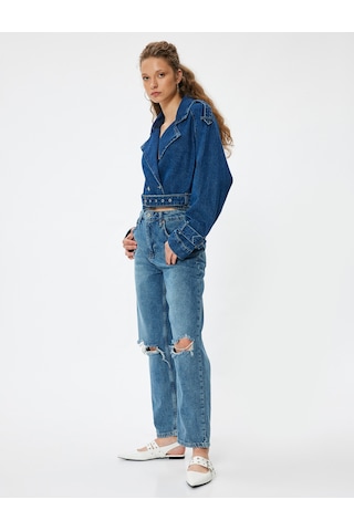 Koton Normal Bel Düz Paça Yıpratılmış Kot Pantolon - Straight Fit Jeans Orta İndigo 5wal40056md İndigo