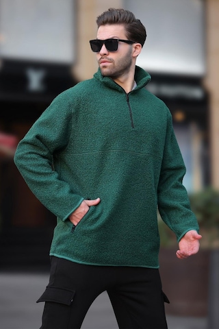 Madmext Yeşil Dik Yaka Yarım Fermuarlı Buklet Sweatshirt 7084 Yeşil