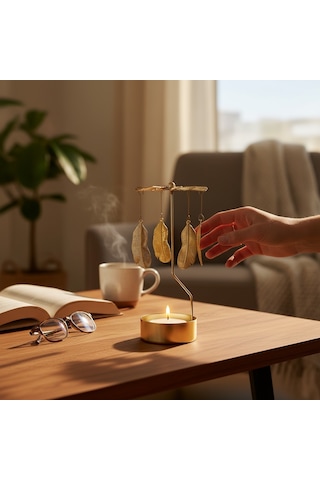 Gold Döner Yaprak Temalı Tealight Mumluk Dekoratif Masa Üstü Aksesuar Gold