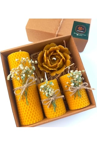 Balmumu Mum Dekoratif Hediye Kutusu 4 Lü Set Doğal Petek Beeswax Candle Açmış Gül Yeşil Krem Süslemeli Açmış Genel