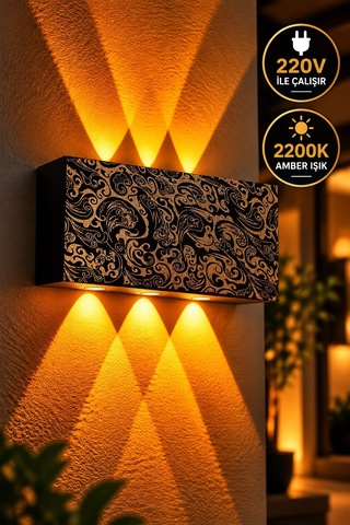 Siyah Gold Desenli 12w 2200k Amber Işıklı 3 Gözlü Yukarı Aşağı Dekoratif Duvar Apliği 16 Cm Amber Işık