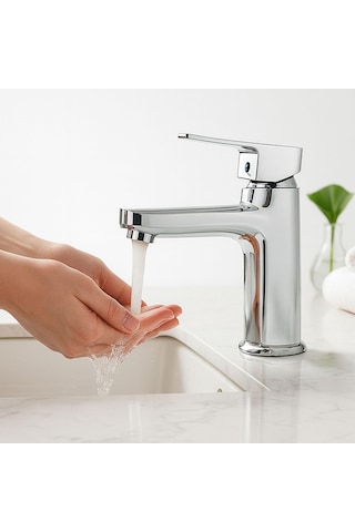 Krom Lavabo Bataryası Paslanmaz Gövde Tek Kollu Sıcak Soğuk Su Ayarlı Şık Modern Musluk Çok Renkli