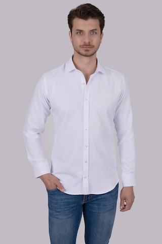 Beyaz Sedef Düğmeli Slimfit Erkek Gömlek + Kutulu Beyaz