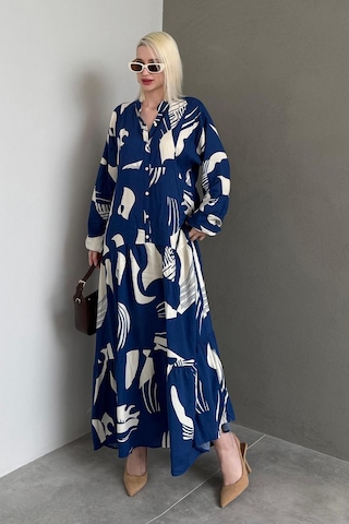 Madmext Lacivert Desenli Düğmeli Uzun Kollu Elbise Mg2391