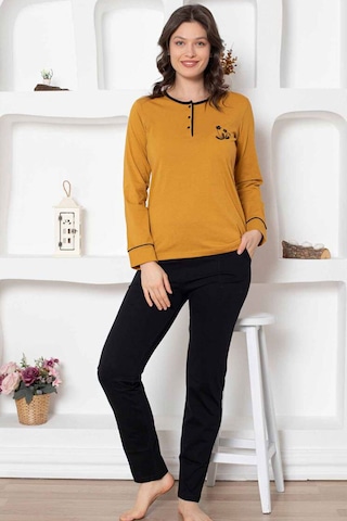 Alimer Kadın Hardal Bisiklet Yaka Uzun Kol Pijama Takım Edy2775h Hardal