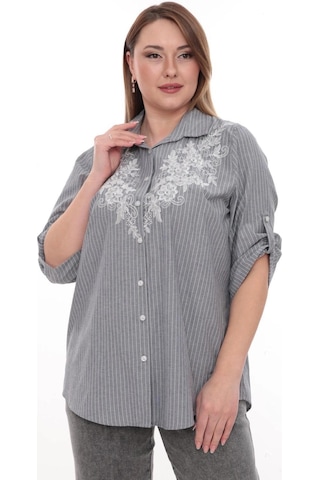 Lady Majestic Büyük Beden Cotton Nakış Detaylı Çizgili Gömlek Şık Ve Rahat Antrasit