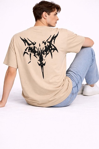 Nevermind Oversize Erkek Tişört Arkası Baskılı Streetwear Siyah Grafik Back Bej