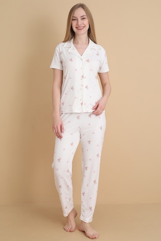 Wordex Mirano 9505 Ayıcık Desenli Pegasus Kumaş Düğmeli Kısa Kolu Kadın Pijama Takımı Ekru
