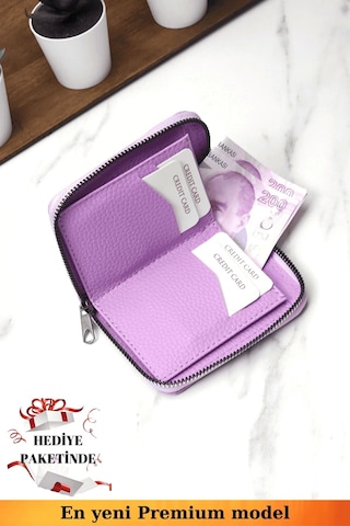 Unisex Vegan Deri Fermuarlı Lila Cüzdan Kartlık Ve Portföy Hediye Paketinde Siyah
