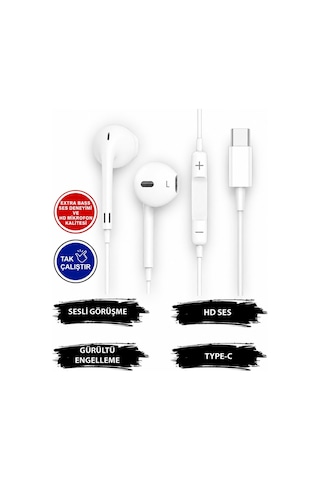 Vivo Y200e 5g Uyumlu Tak Çalıştır Stero Type-c Girişli Beyaz Renk Kablolu Kulaklık Mbl-293 Type-C Kablolu Kulaklık