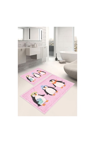 Penguen Desenli Dijital Baskılı Yıkanabilir 2li Banyo Paspası 50x60-60x100 Pembe