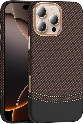 Apple Uyumlu iPhone 16 Pro Max Kılıf M-safe Şarj Özellikli Karbon Fiber Görünümlü Zore Gros Kapak Gold-Siyah