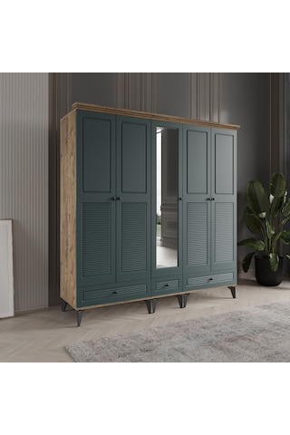 Beenal Nisa 5 Kapaklı Gardırop Dolap 200cm Atlantik Çam - Yeşil