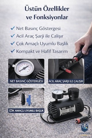 Taşınabilir Hava Kompresörü 12v 300 Ps I Araç Lastik Şişirme Pompası Mini Elektrikli Kompresör 12 V 300 Ps