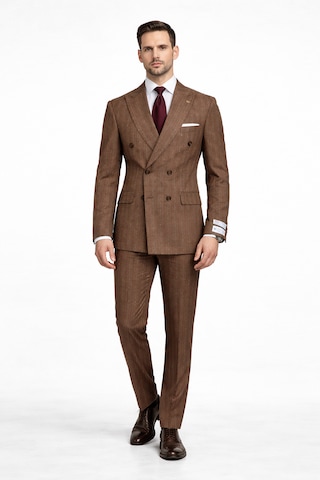 Fabıo Cassel Çizgili Kruvaze Erkek Takım Elbise Slim Fit Kahverengi