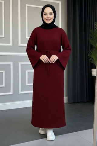 Defymoda Kadın Kırmızı Ribanalı / Fitilli Uzun Tesettürlü Kışlık Elbise - Çan Kol Detaylı Astarlı/örme Kırmızı