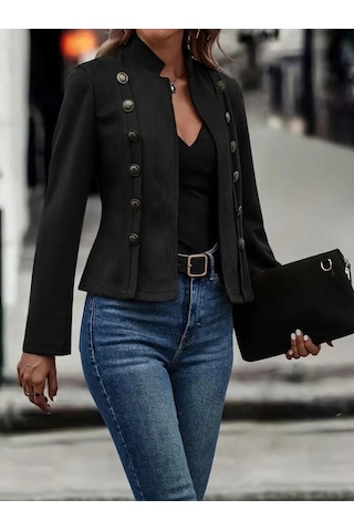 Kadın Uzun Kollu Hakim Yaka Yanlardan Düğmeli Kısa Süet Ceket Siyah