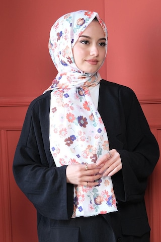 Afvente Çiçek Desen Beyaz Pamuk Şal