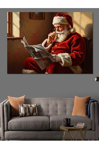 Gazete Okuyan Noel Baba Figürü Dekoratif Kanvas - Mdf Ahşap Tablo