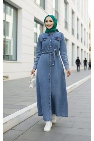 Hb Harma Time Butik Kadın Boncuk İşlemeli Düğmeli Kuşaklı Kot Mavi Elbise
