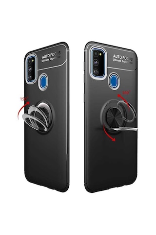 Samsung Galaxy Uyumlu M21 Kilif Yüzüklü Tam Korumali Silikon Kapak Siyah
