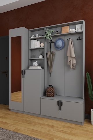 Lüks Aynalı Portmanto Askılı Vestiyer %100 Mdf Çok Raflı Ayakkabılık V03 Kül Gri