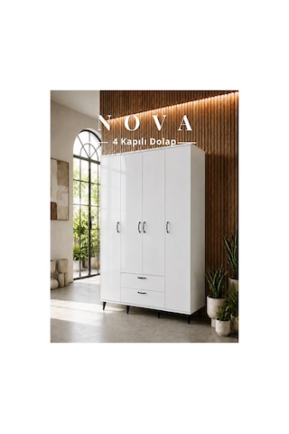 Nova 4 Kapılı 2 Çekmeceli Dolap, Gardrop Beyaz