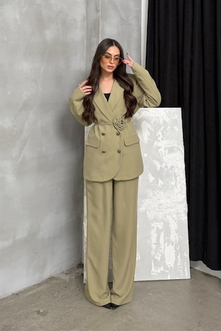 Msm Fashion Kadın İkili Blazer Ceket Pantolon Takım Aksesuar Ve Düğme Detaylı Bol Paça Açık Haki