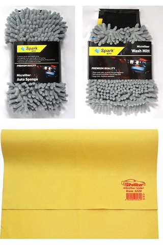 Spark 7040 Oto Yıkama Süngeri & Spark 7050 Temizlik Eldiveni & Polikur 3224 Güderi Bez 3'lü Set