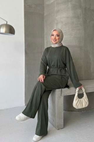 Thiff Tesettür Önü Bağlamalı Oversize Çimalı Modal Takım Yeşil