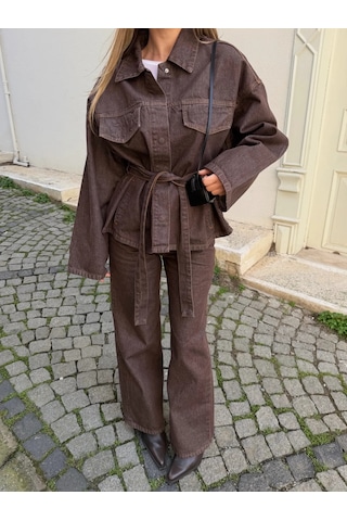 Mürdüm Bağlamalı Denim Ceket Pantolon Takım