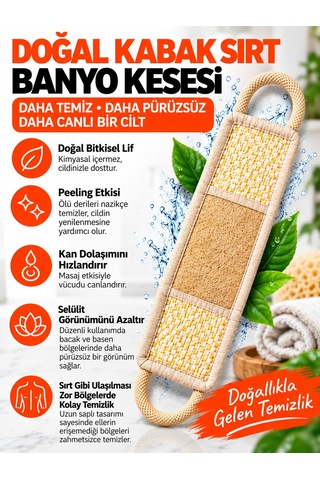 Hanex Doğal Kabak Lifi Sırt Kesesi Uzun Çift Saplı Banyo Duş Kesesi, Peeling Vücut Temizleme Lifi
