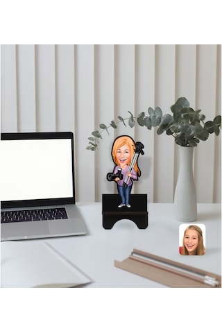Kişiye Özel Kadın Fotoğrafçı Karikatürlü Ahşap Biblo Telefon Stan