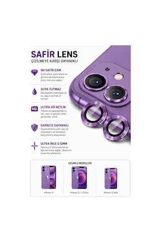 Apple iPhone Uyumlu 11 / 12 / 12 Mini Purple Mor Metal Kamera Lens Koruyucu Safir Cam Ultra Net Hd