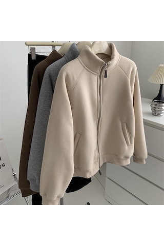 Snapbuy İçi Polarlı, Fermuarlı, Dik Yaka Kadın Sweatshirt Ceket Krem