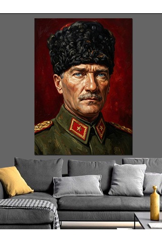 Kalpaklı Atatürk Asker Portresi Dekoratif Kanvas - Mdf Ahşap Tablo