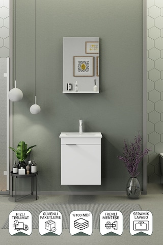 Biani Fix Arya Slım 50 Cm Banyo Dolabı,Seramik Lavabolu, Aynalı,Lavabo Dahil,Mdf,Mat Beyaz