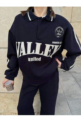 Reka Moda Üç İplik Yakalı Sweat Baggy Pantalonlu Takım - Siyah Siyah