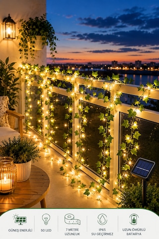Solar Yapay Yaprak Şerit Led 7 Metre 50 Led, Güneş Enerjili Sarmaşık Dekoratif Aydınlatma, Balkon Bahçe Duvar Süs Lambası