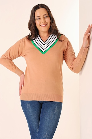 Şeritli V Yaka Büyük Beden Triko Kazak-35355-soğan Kabuğu Açık Turuncu