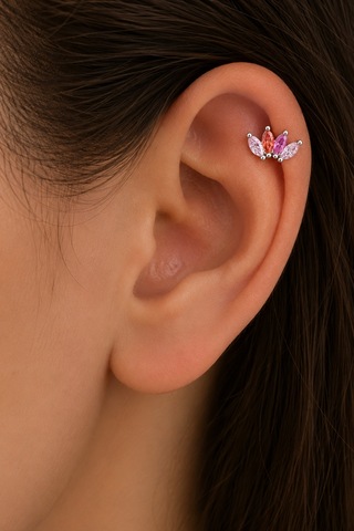 Sertifikalı 316l Çelik Pembe Fuşya Ve Mercan Markiz Taşlı Taç Form Premium Gümüş Renk Tragus Ve Heli