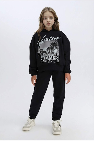 DeFacto Kız Çocuk 2'li Takım Kapüşonlu Baskılı Sweatshirt Beli Lastikli Jogger Alt D2219A824WNBK81 Siyah