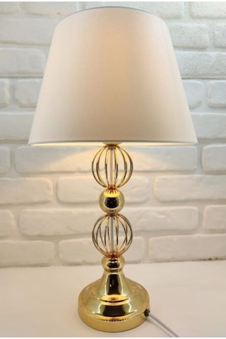 Gold Altın Renk Tel Toplu Metal Ayaklı Beyaz Şapkalı Abajur Altın - Beyaz