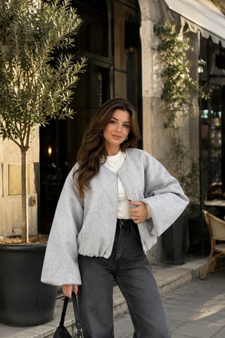 Unika Boutique Kadın Kaşe Kumaş Bomber Ceket Gri