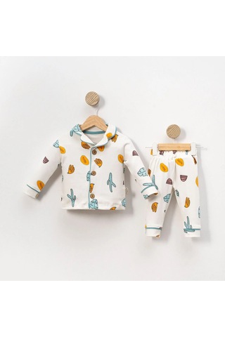 Bebegen Unisex Ekru Yeşil Turuncu Yaprak Kaktüs Desenli Kruvaze Yaka Pijama Takımı